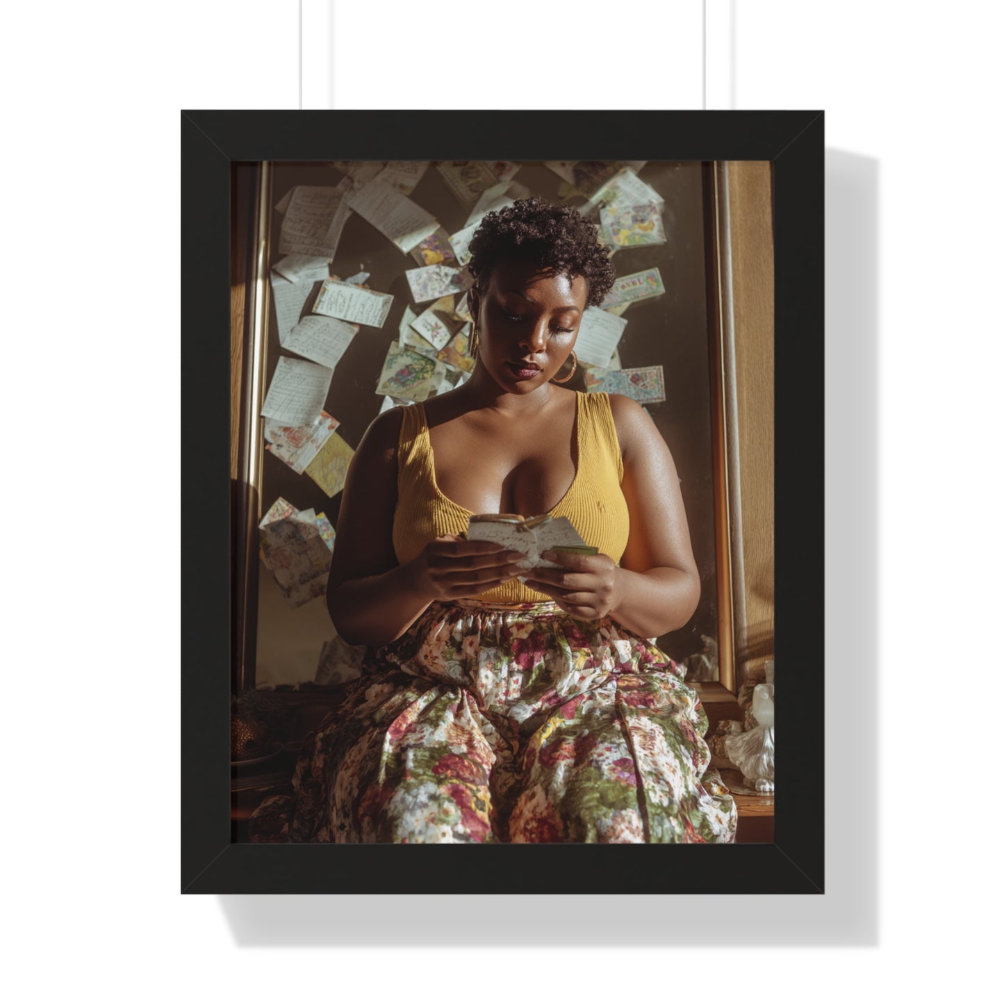 Warm Aesthetic Poster – Black Woman Reading in Floral Skirt with Handwritten Notes
