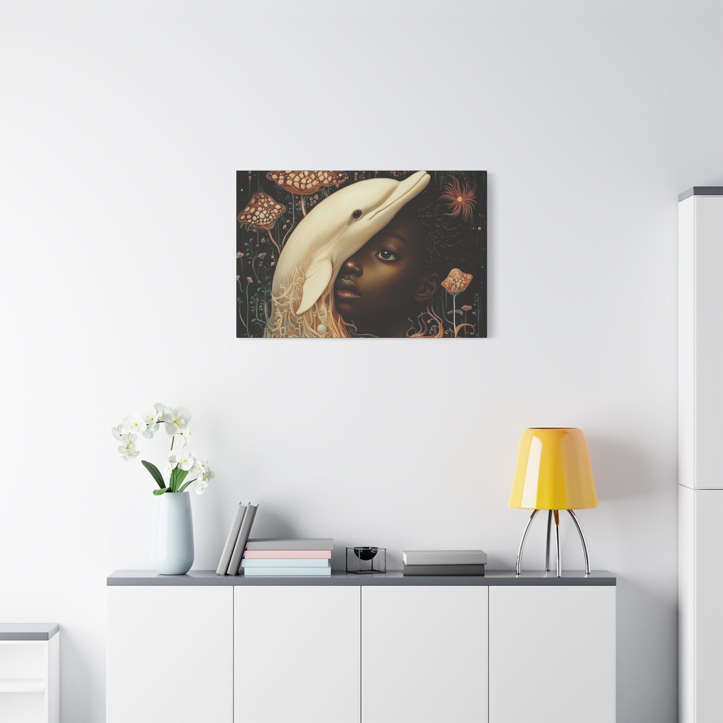 Fantasy Art Print – Black Girl and White Dolphin in Dreamlike Ocean Scene