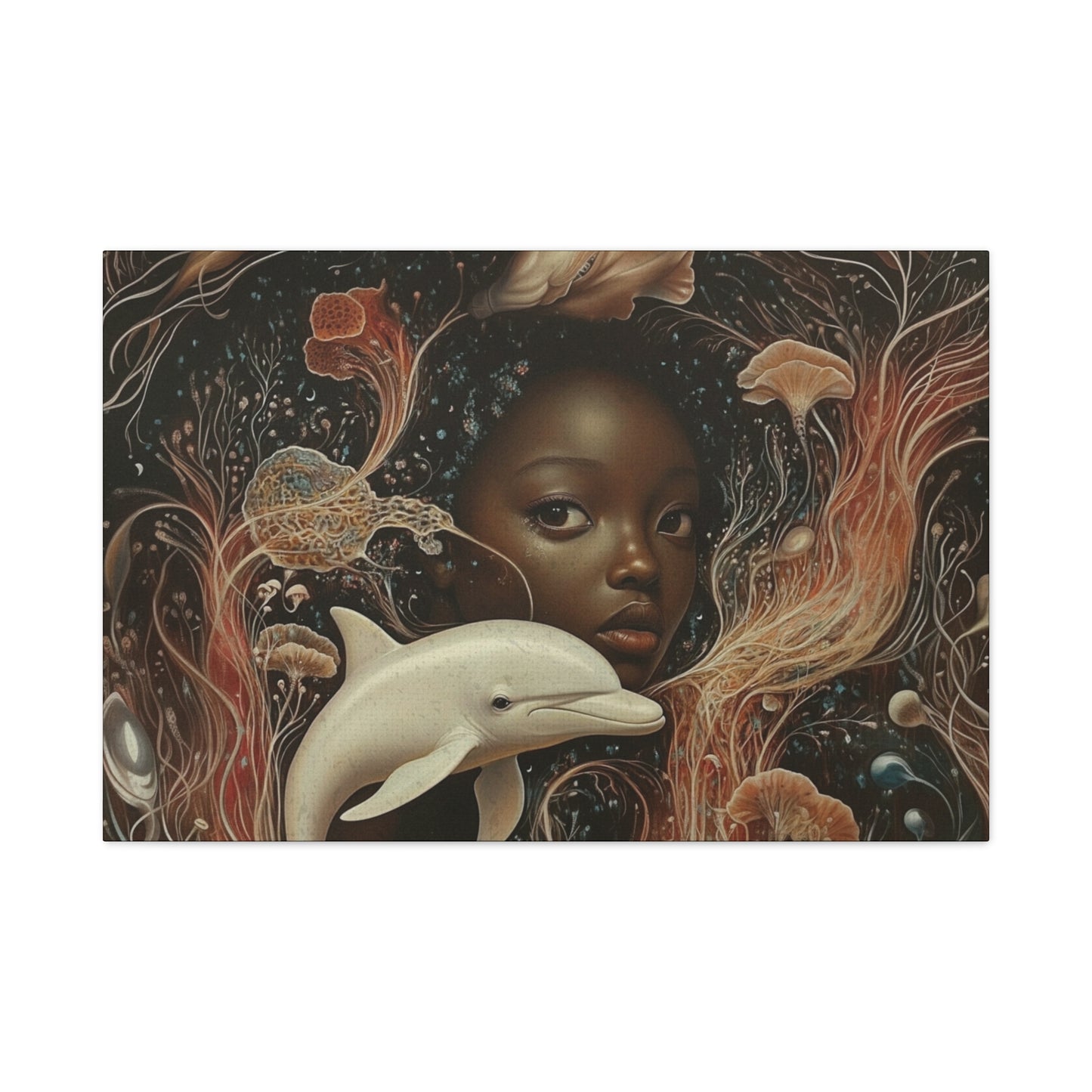 Black Girl and Dolphin Fantasy Art – Mystical Ocean-Themed Canvas Wall Decor
