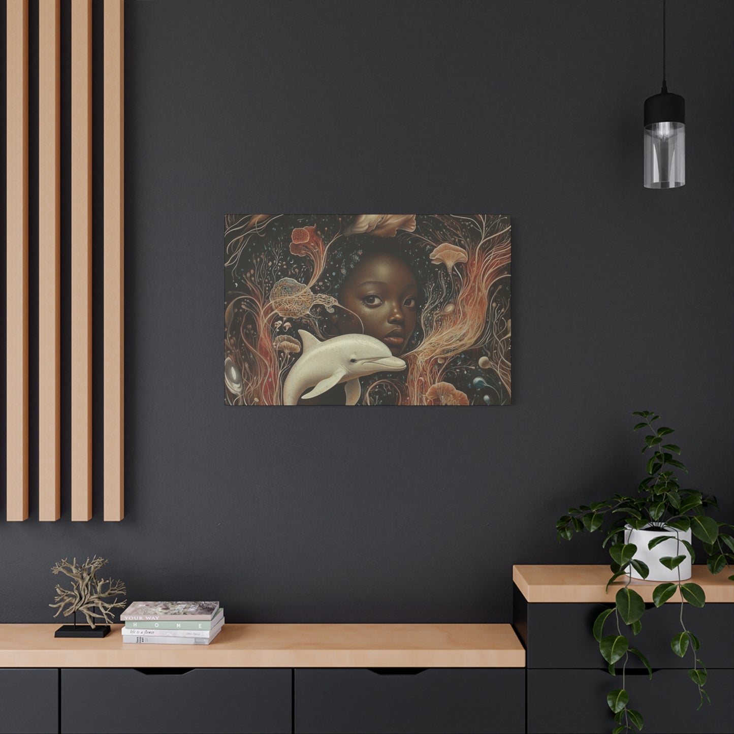 Black Girl and Dolphin Fantasy Art – Mystical Ocean-Themed Canvas Wall Decor