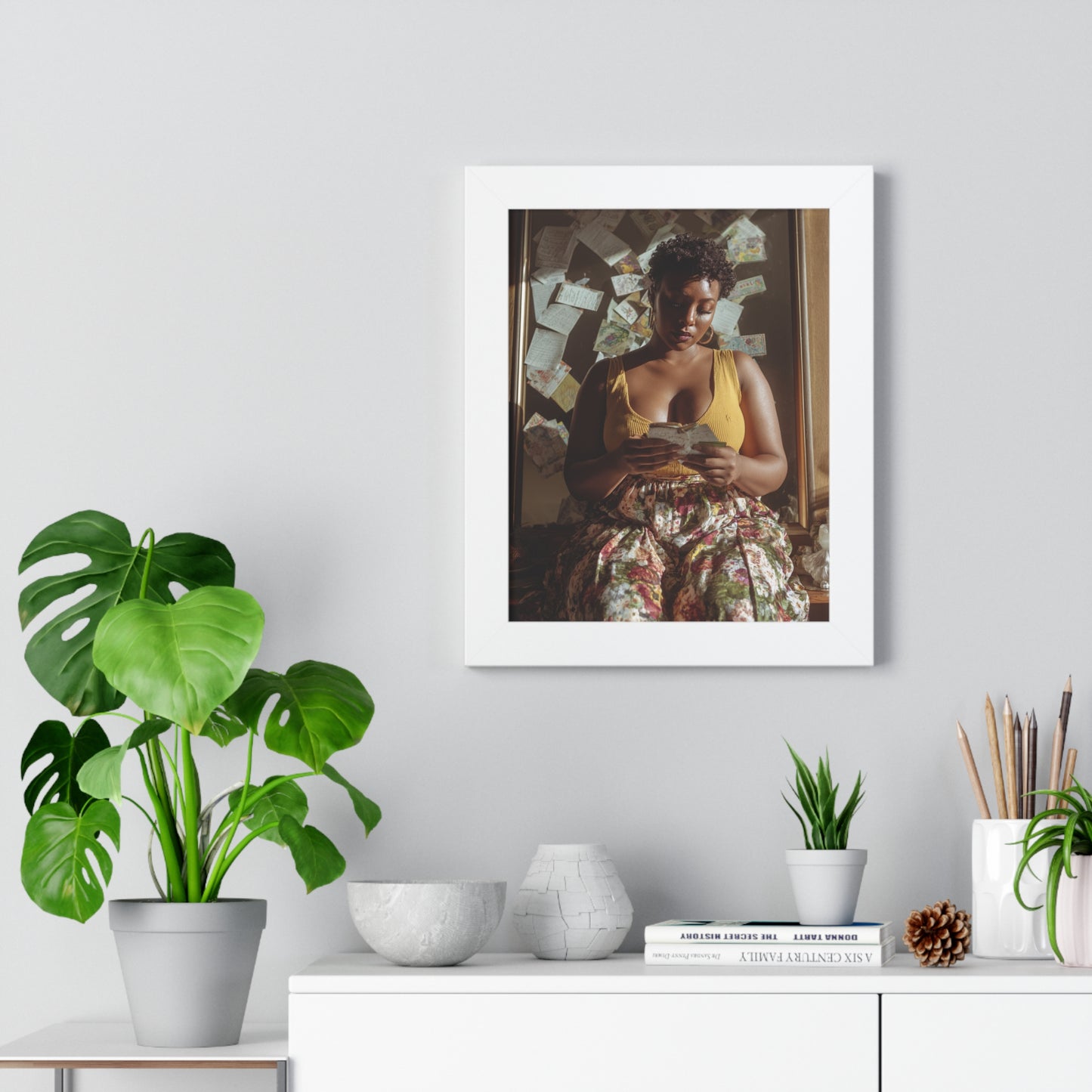 Warm Aesthetic Poster – Black Woman Reading in Floral Skirt with Handwritten Notes