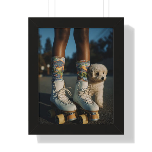 Framed Roller Skating Poster, Vintage Aesthetic Wall Art, Dog Lover Decor