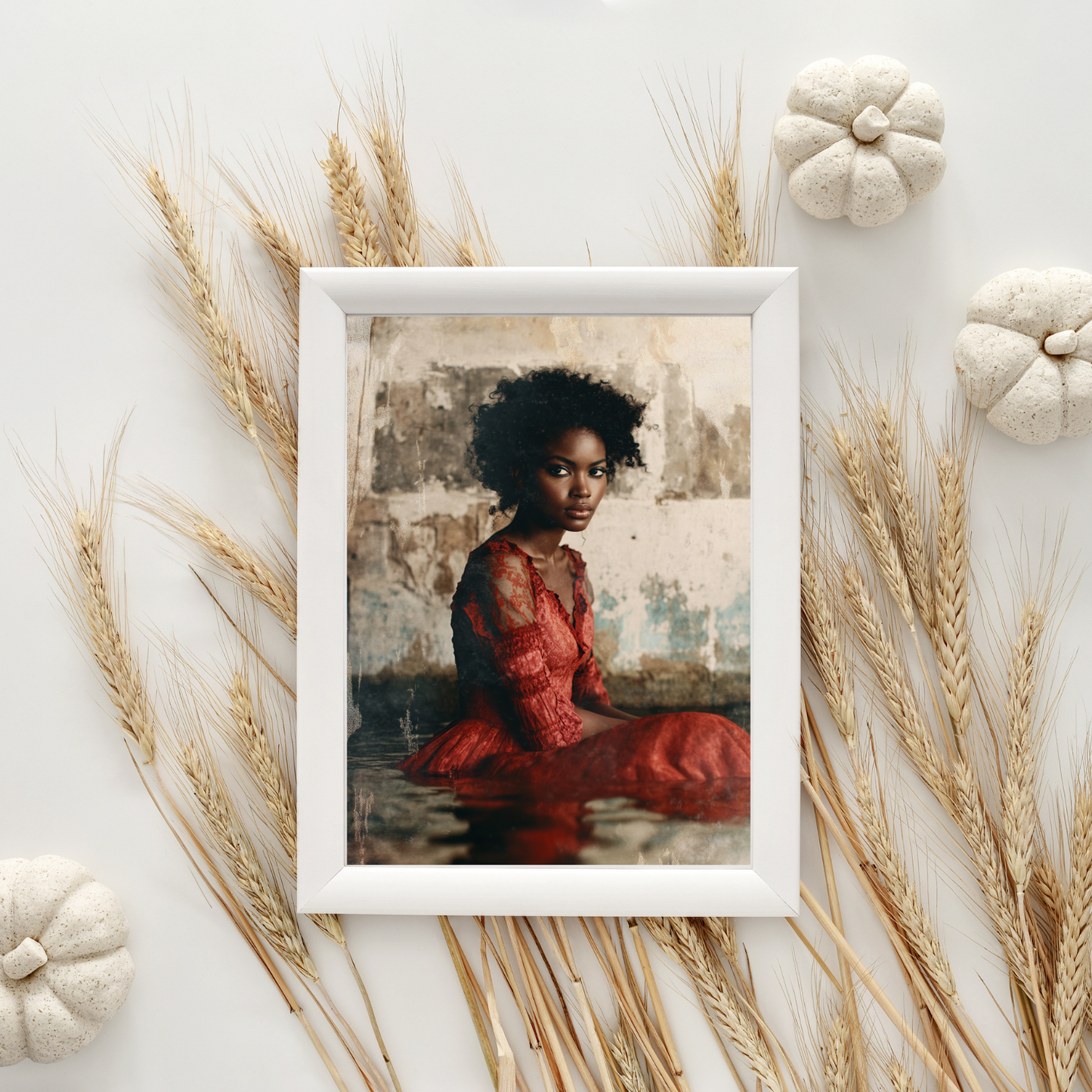 Portrait of Black Woman Natural Hair in Red Lace Dress
