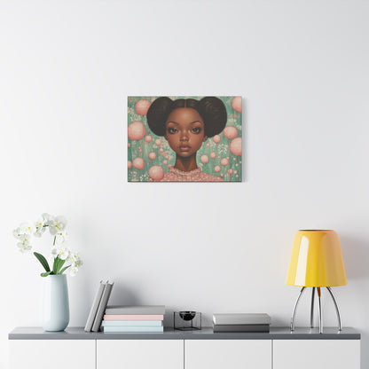 Girl with AfroPuffs Canvas Wall Art for Nursery, Living Room - Pink & Teal