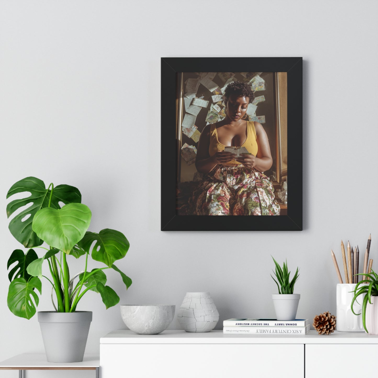 Warm Aesthetic Poster – Black Woman Reading in Floral Skirt with Handwritten Notes