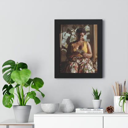 Warm Aesthetic Poster – Black Woman Reading in Floral Skirt with Handwritten Notes