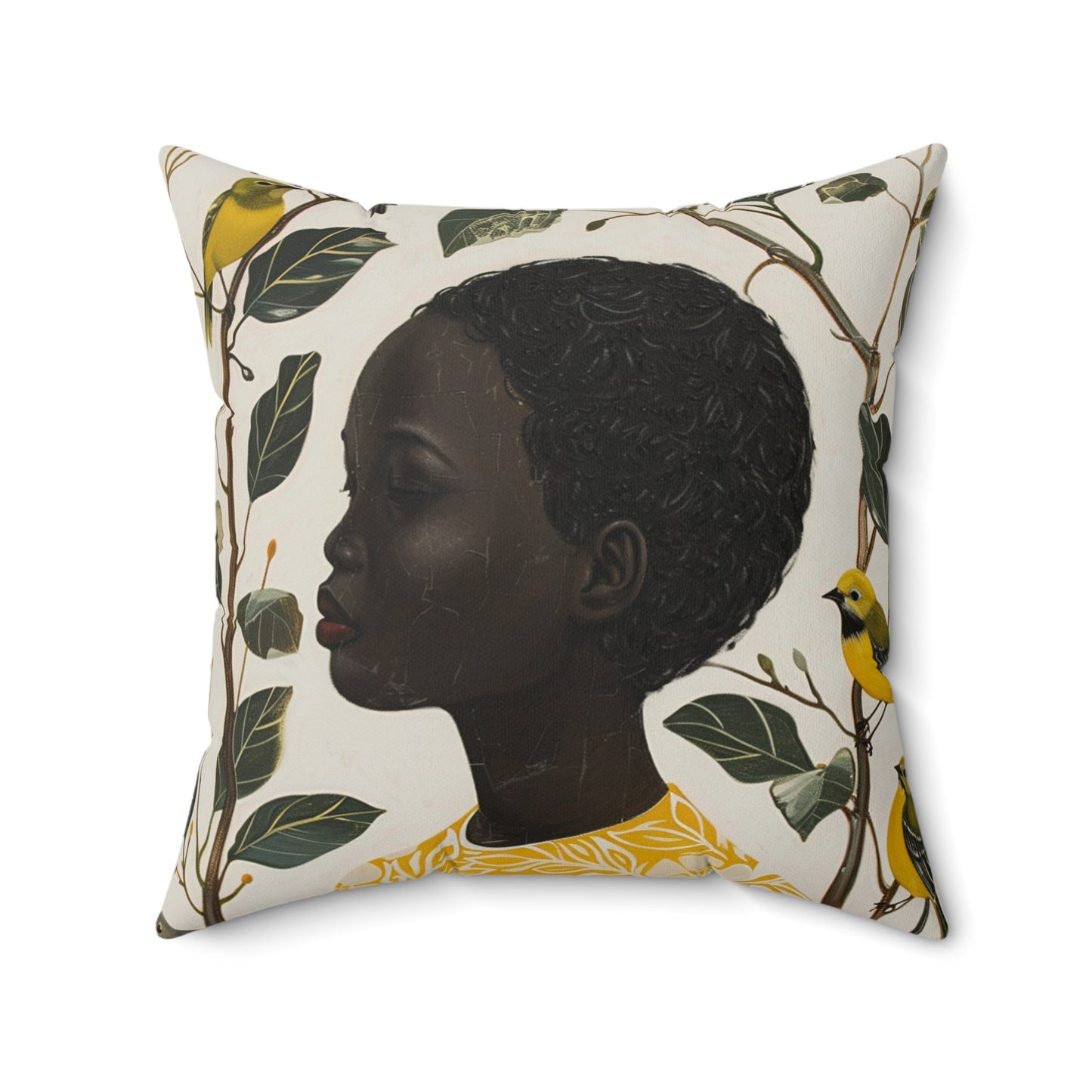 Black Woman, Yellow Bird & Flowers Art | Square Pillow with Zipper | 4 sizes