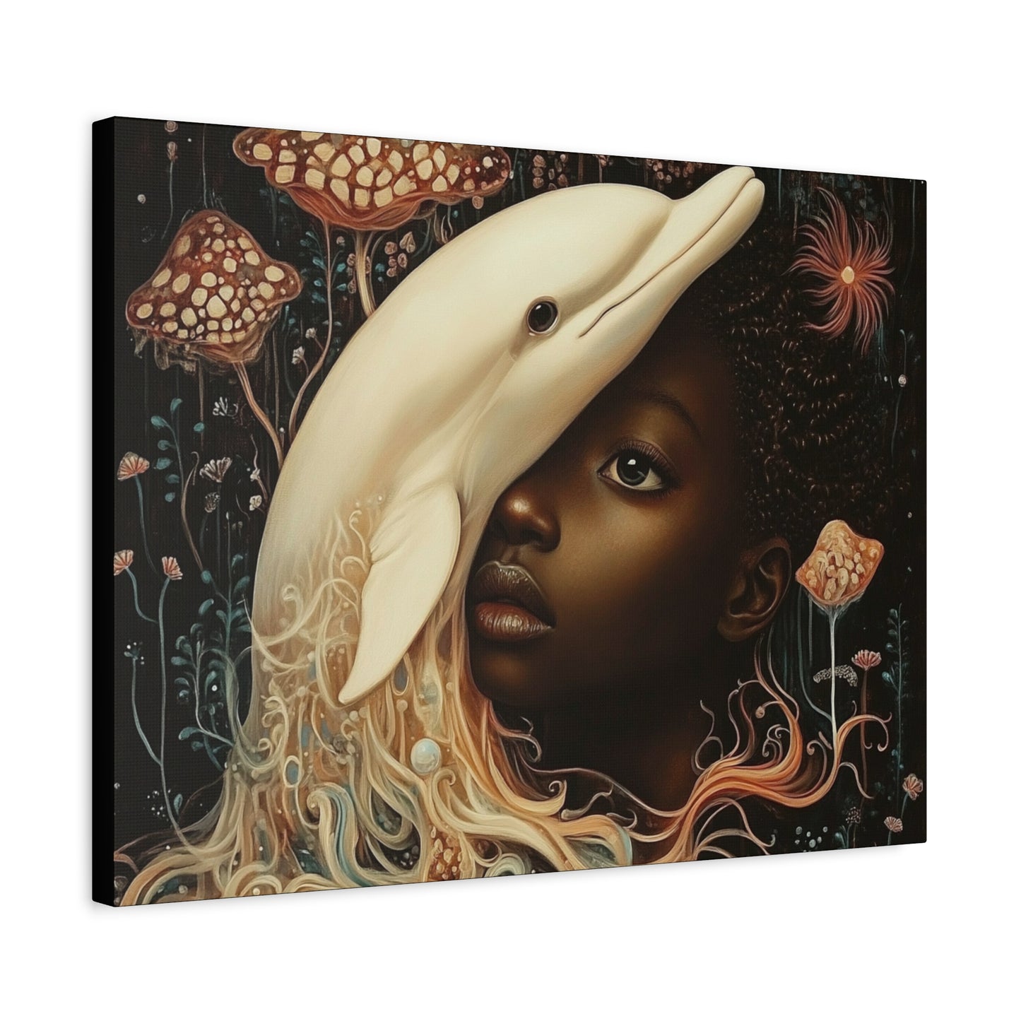 Fantasy Art Print – Black Girl and White Dolphin in Dreamlike Ocean Scene