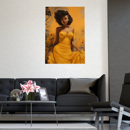Colorful Retro Glam Poster – Vintage-Inspired Black Woman in Yellow Dress