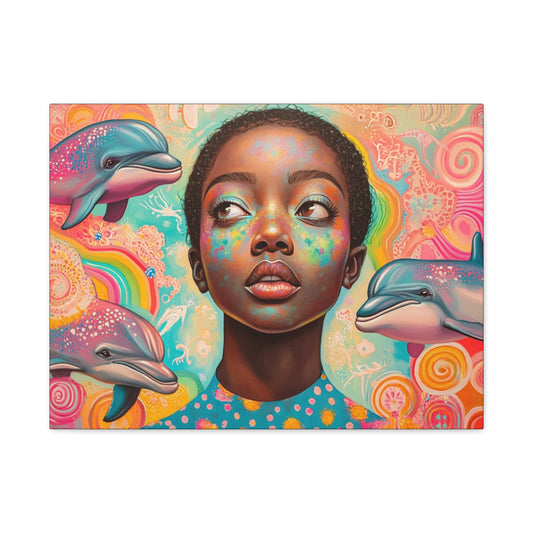 Vibrant Fantasy Dolphin & Black Girl Canvas Wall Art for Nursery, Hallway or Living Room