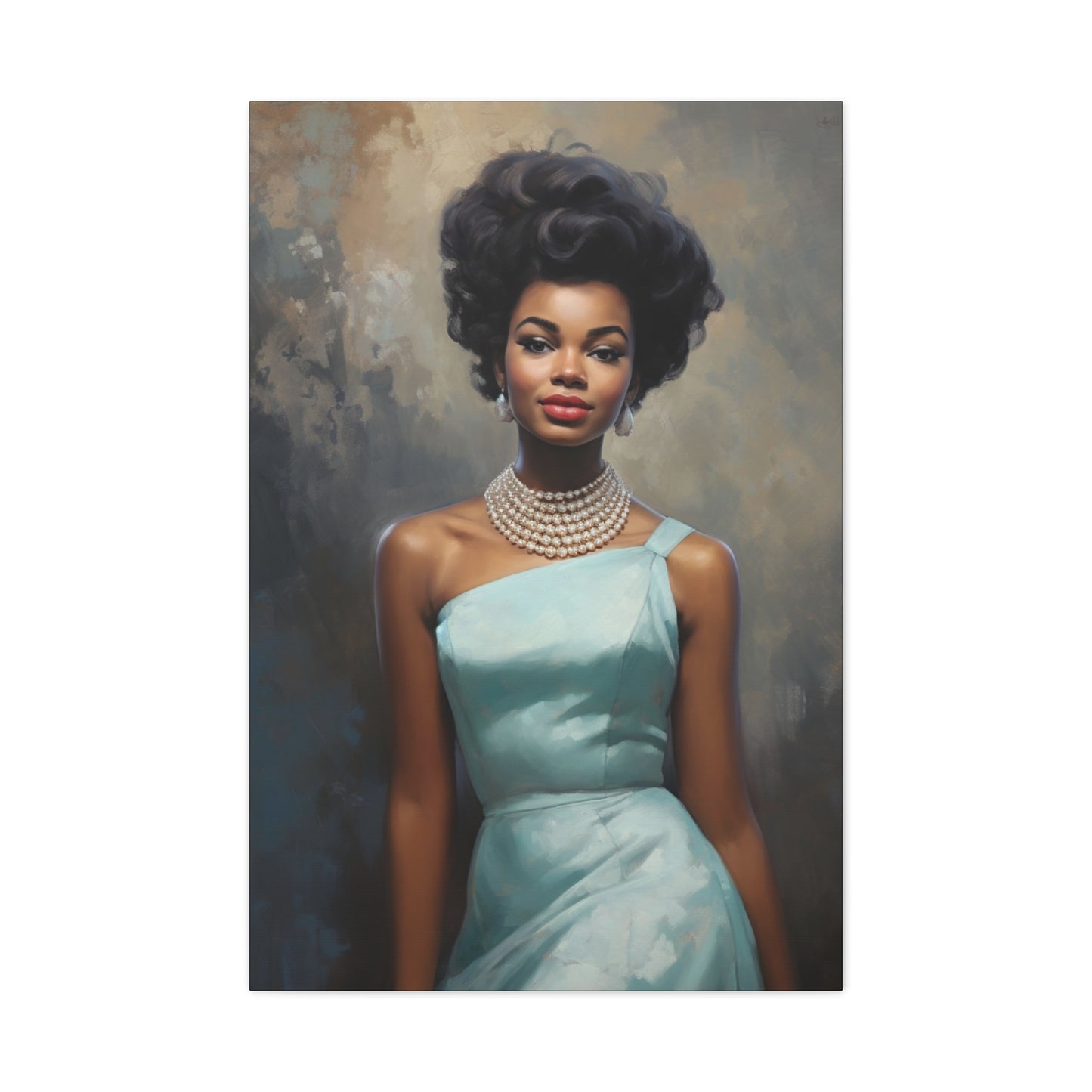 Classic Black Beauty in Light Blue Dress Poster - Retro Glamour