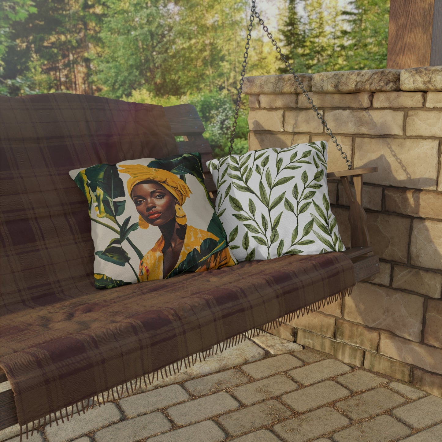 Black Woman in Yellow Headwrap & Dress, Outdoor Pillow, 3 sizes