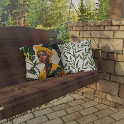 Black Woman in Yellow Headwrap & Dress, Outdoor Pillow, 3 sizes