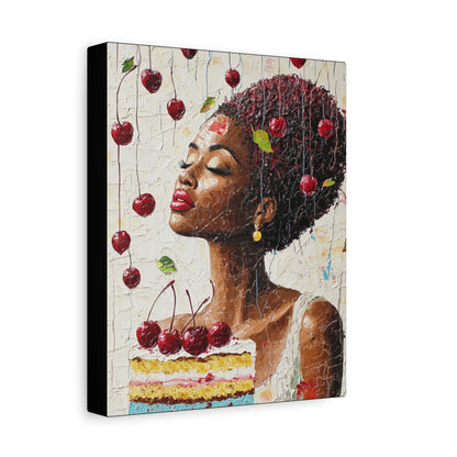 Whimsical Cherry Cake Canvas Art Print –  Joyful Black Woman Portrait
