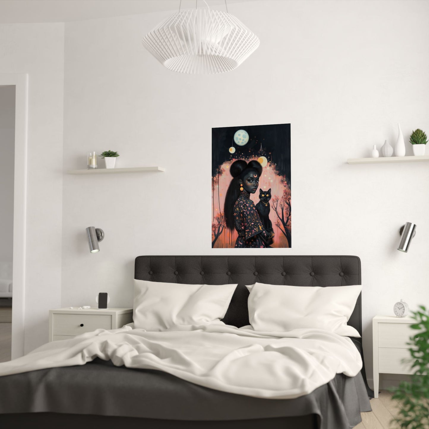 Black Witch & Black Cat Poster | Sakura Moon | Art Print for Kids Room