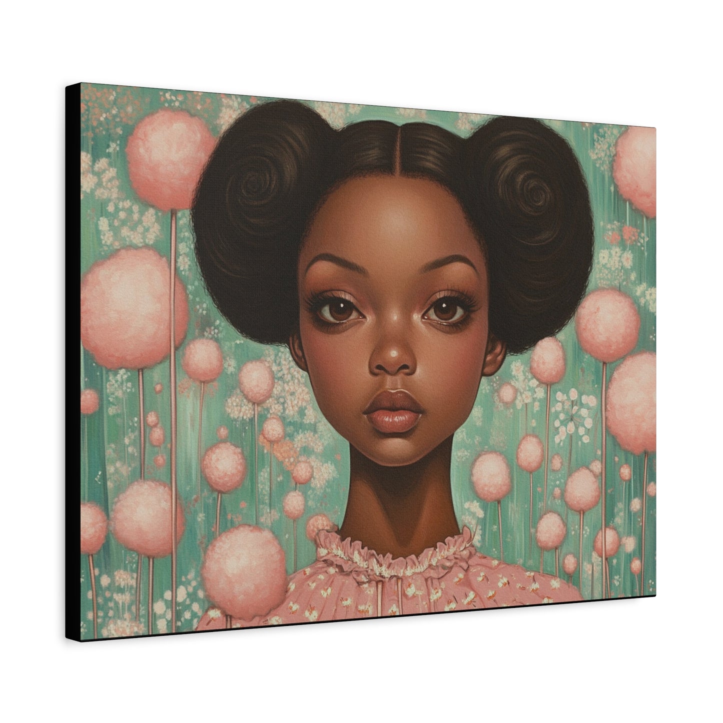 Girl with AfroPuffs Canvas Wall Art for Nursery, Living Room - Pink & Teal