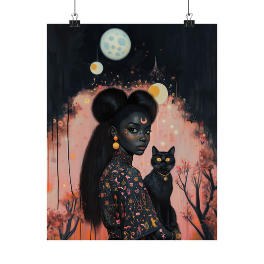 Black Witch & Black Cat Poster | Sakura Moon | Art Print for Kids Room