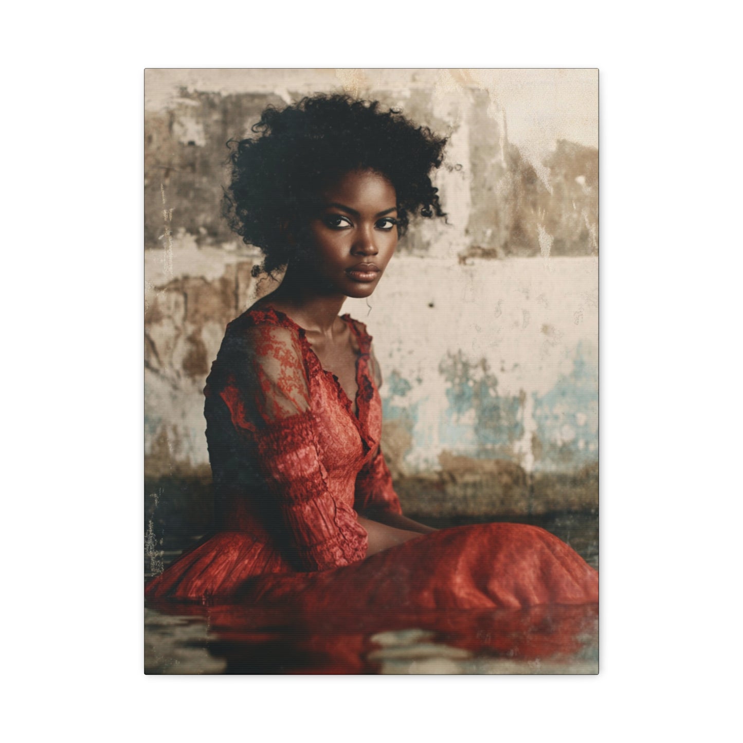 Portrait of Black Woman Natural Hair in Red Lace Dress