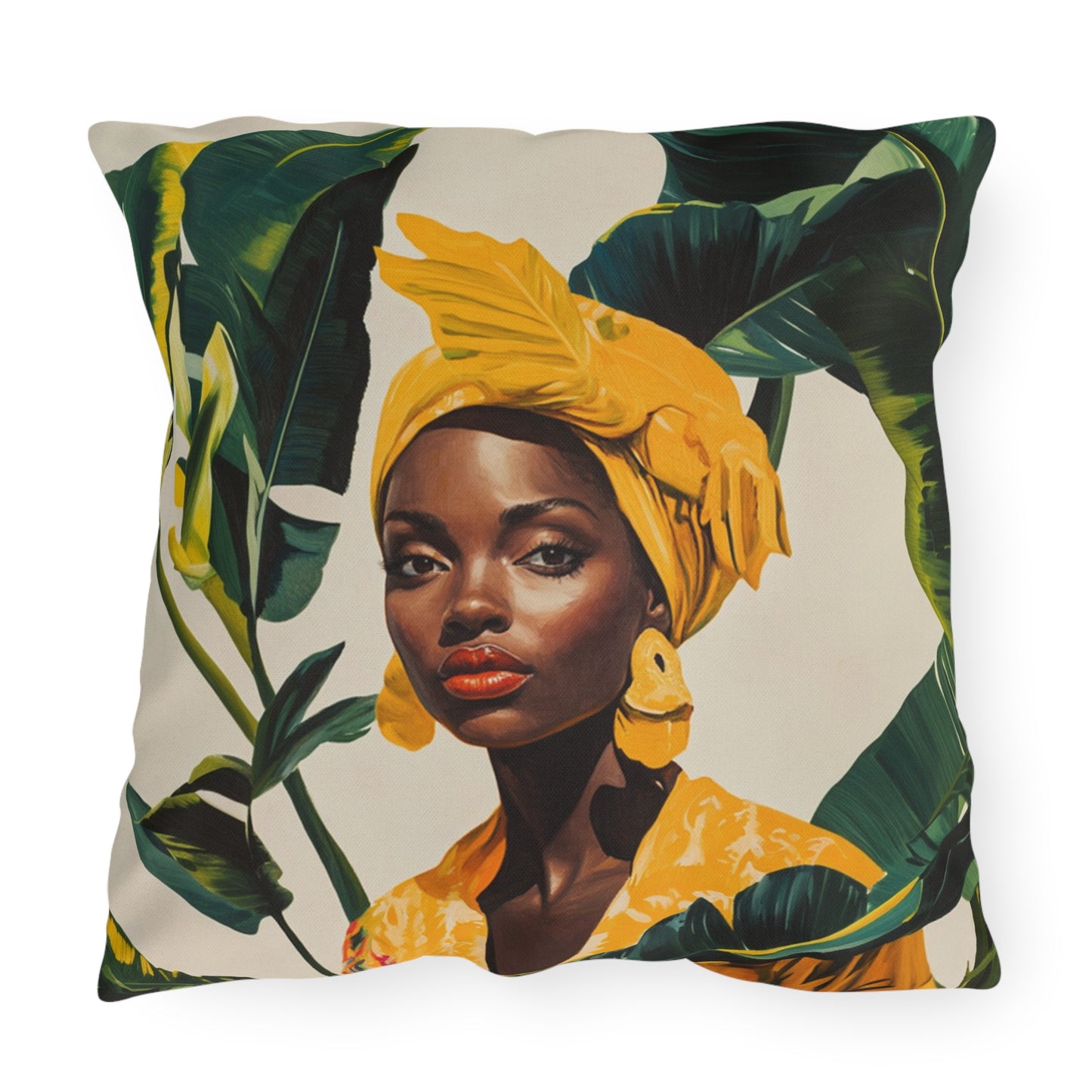 Black Woman in Yellow Headwrap & Dress, Outdoor Pillow, 3 sizes