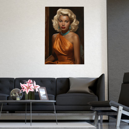 Black Vintage Glamour Poster – Classic Art of Black Woman in Orange Dress