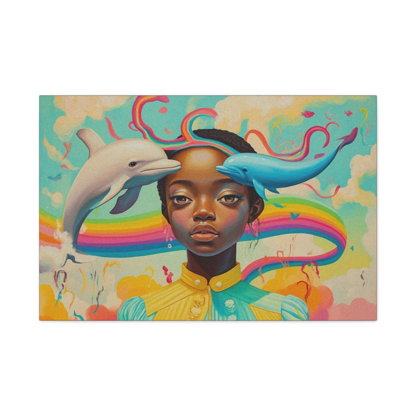 Pastel Dolphin & Girl Canvas Wall Art | Black Psychedelic Art
