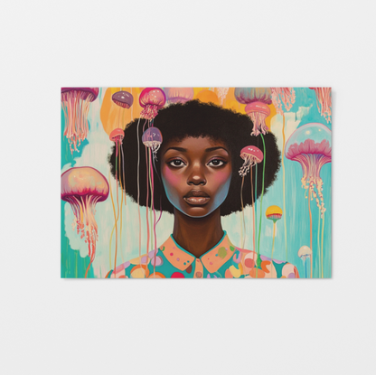  A postcard featuring an illustration of a woman with dark skin and a large Afro hairstyle, looking directly forward. She is surrounded by numerous pink, purple, and yellow jellyfish floating in a vibrant blue and orange background.