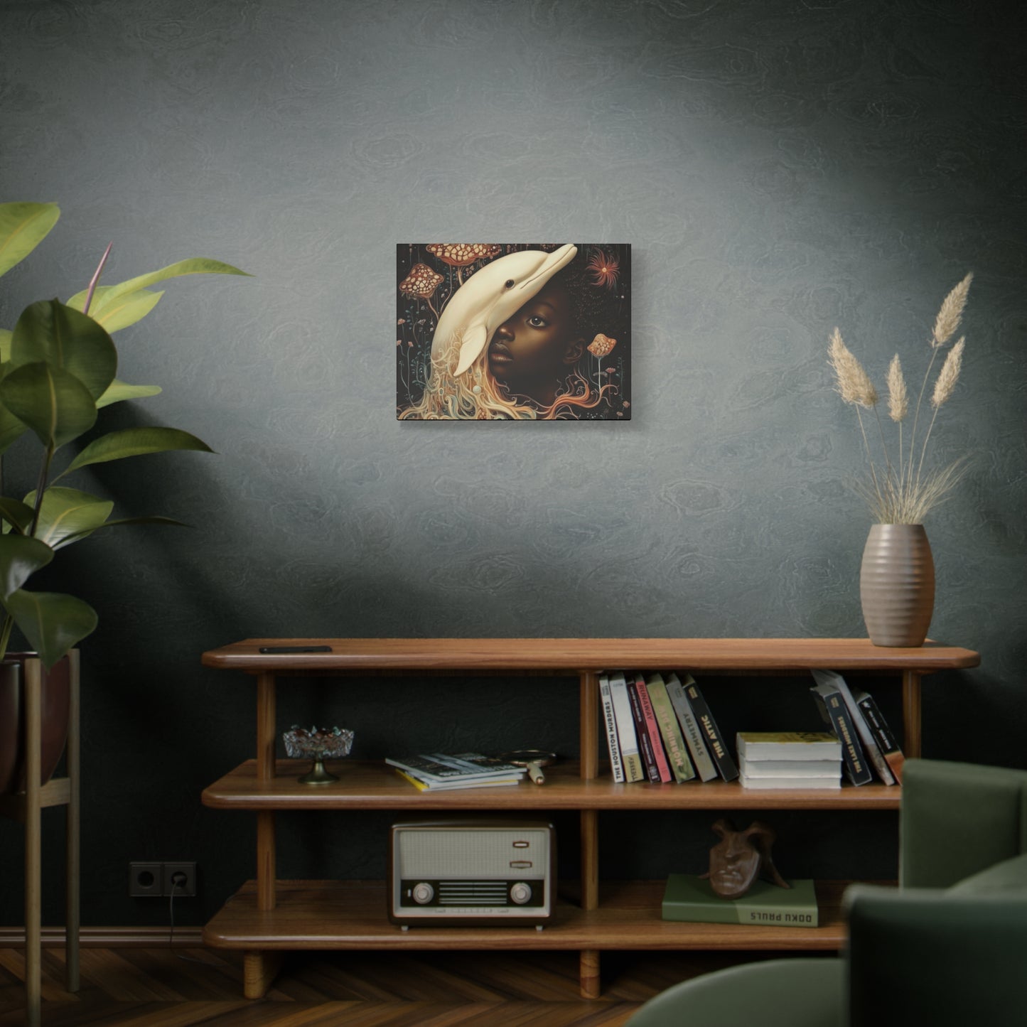 Fantasy Art Print – Black Girl and White Dolphin in Dreamlike Ocean Scene