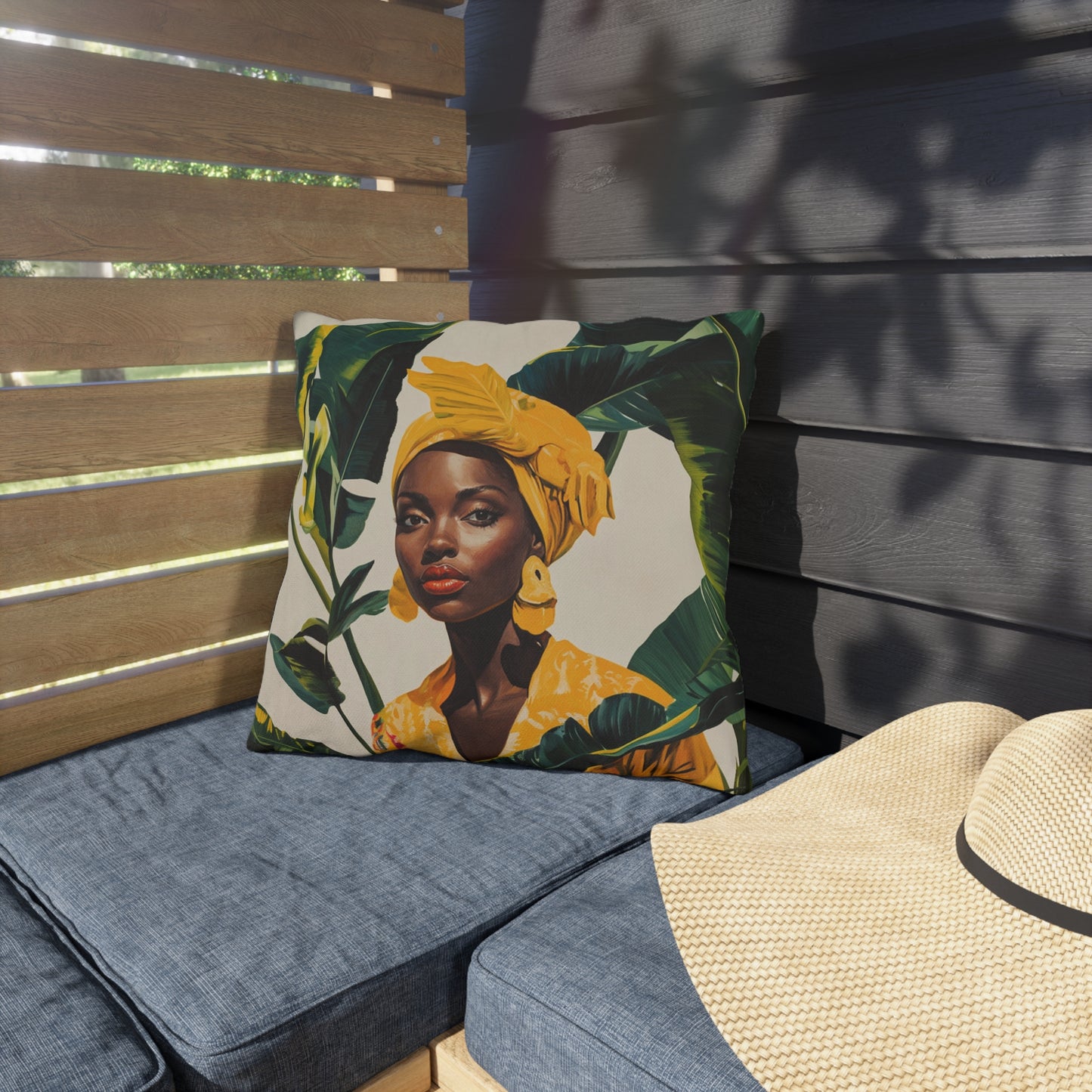 Black Woman in Yellow Headwrap & Dress, Outdoor Pillow, 3 sizes