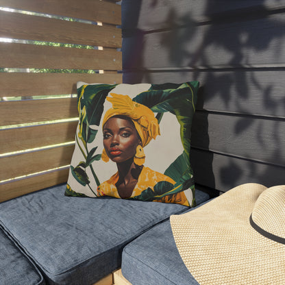 Black Woman in Yellow Headwrap & Dress, Outdoor Pillow, 3 sizes