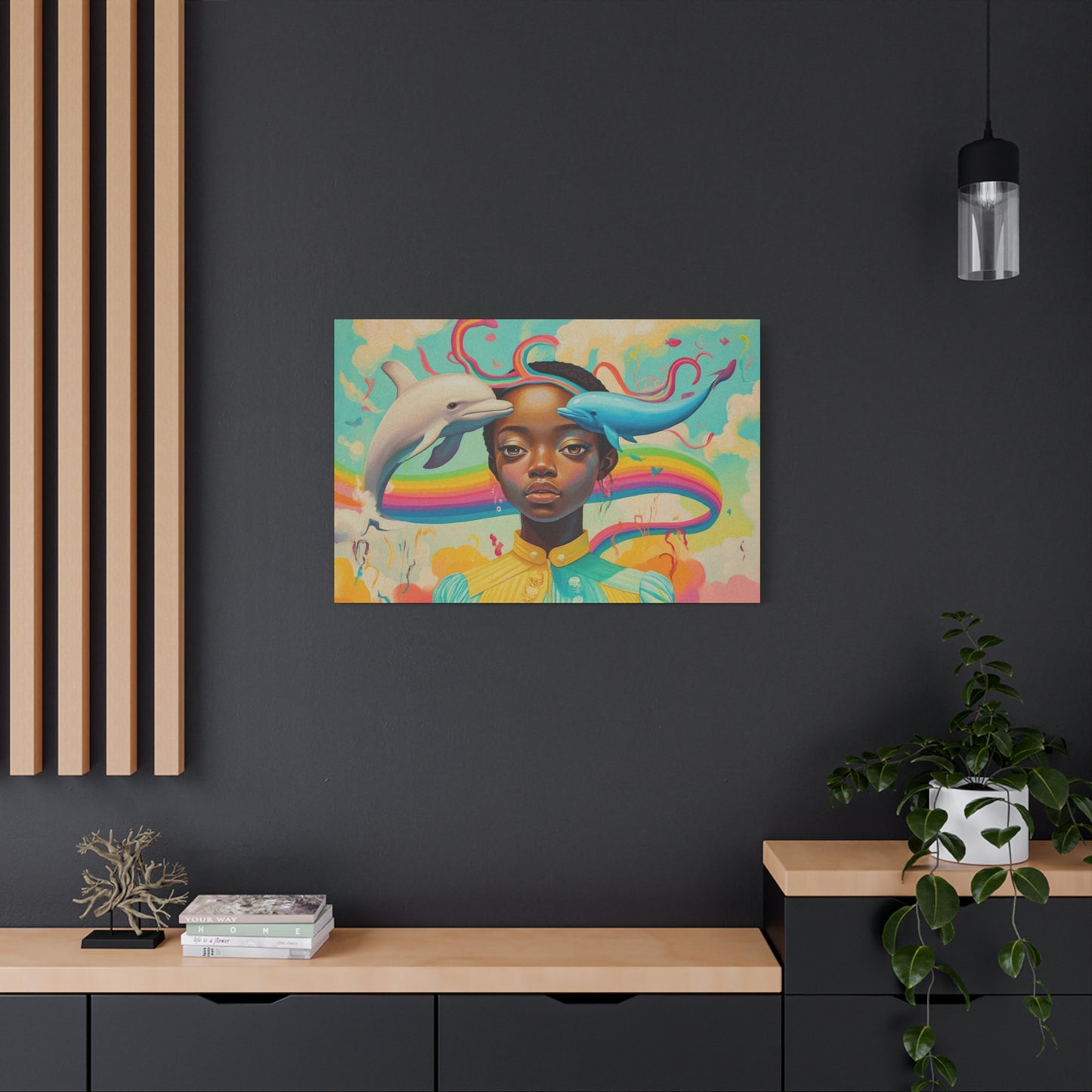 Pastel Dolphin & Girl Canvas Wall Art | Black Psychedelic Art