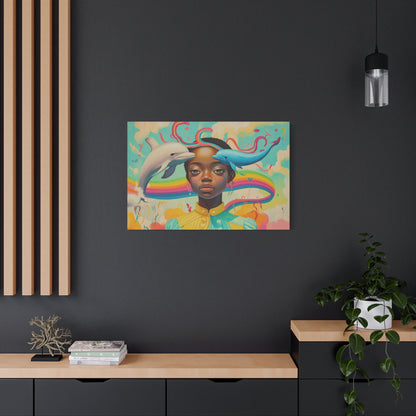 Pastel Dolphin & Girl Canvas Wall Art | Black Psychedelic Art