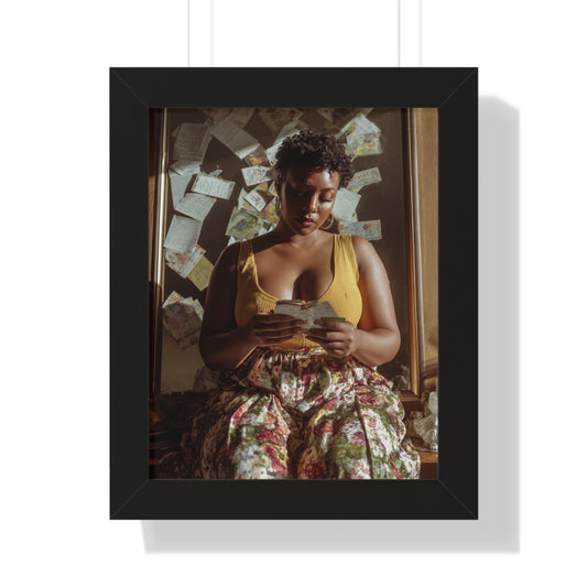 Warm Aesthetic Poster – Black Woman Reading in Floral Skirt with Handwritten Notes