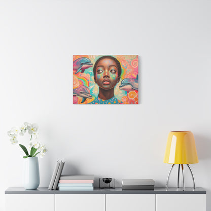 Vibrant Fantasy Dolphin & Black Girl Canvas Wall Art for Nursery, Hallway or Living Room