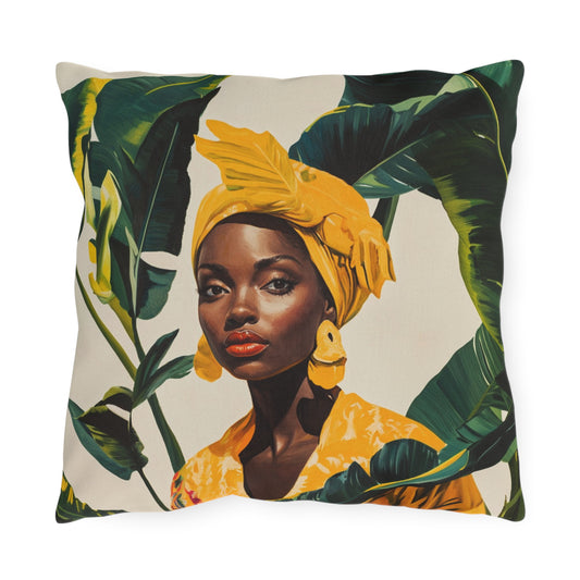 Black Woman in Yellow Headwrap & Dress, Outdoor Pillow, 3 sizes