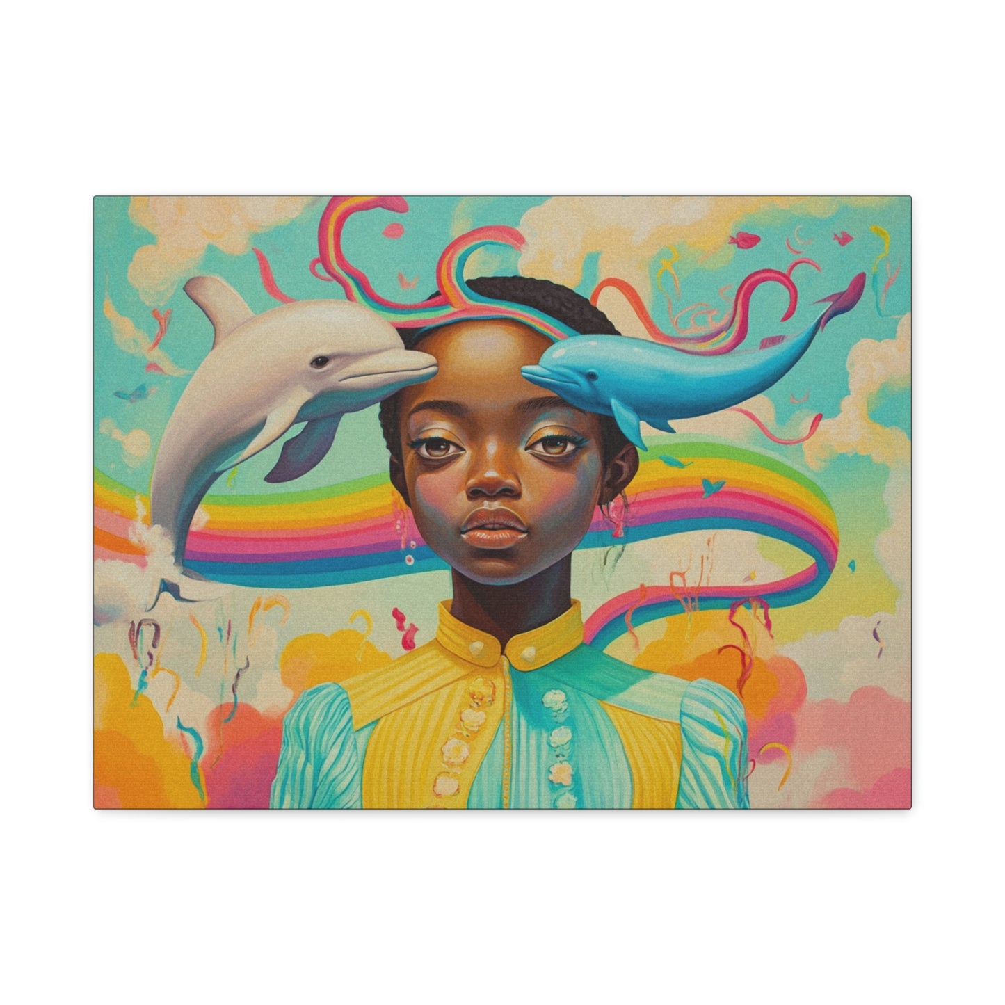 Pastel Dolphin & Girl Canvas Wall Art | Black Psychedelic Art