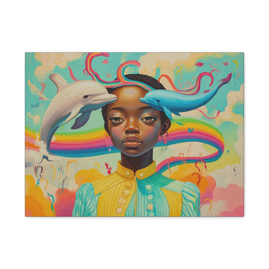 Pastel Dolphin & Girl Canvas Wall Art | Black Psychedelic Art