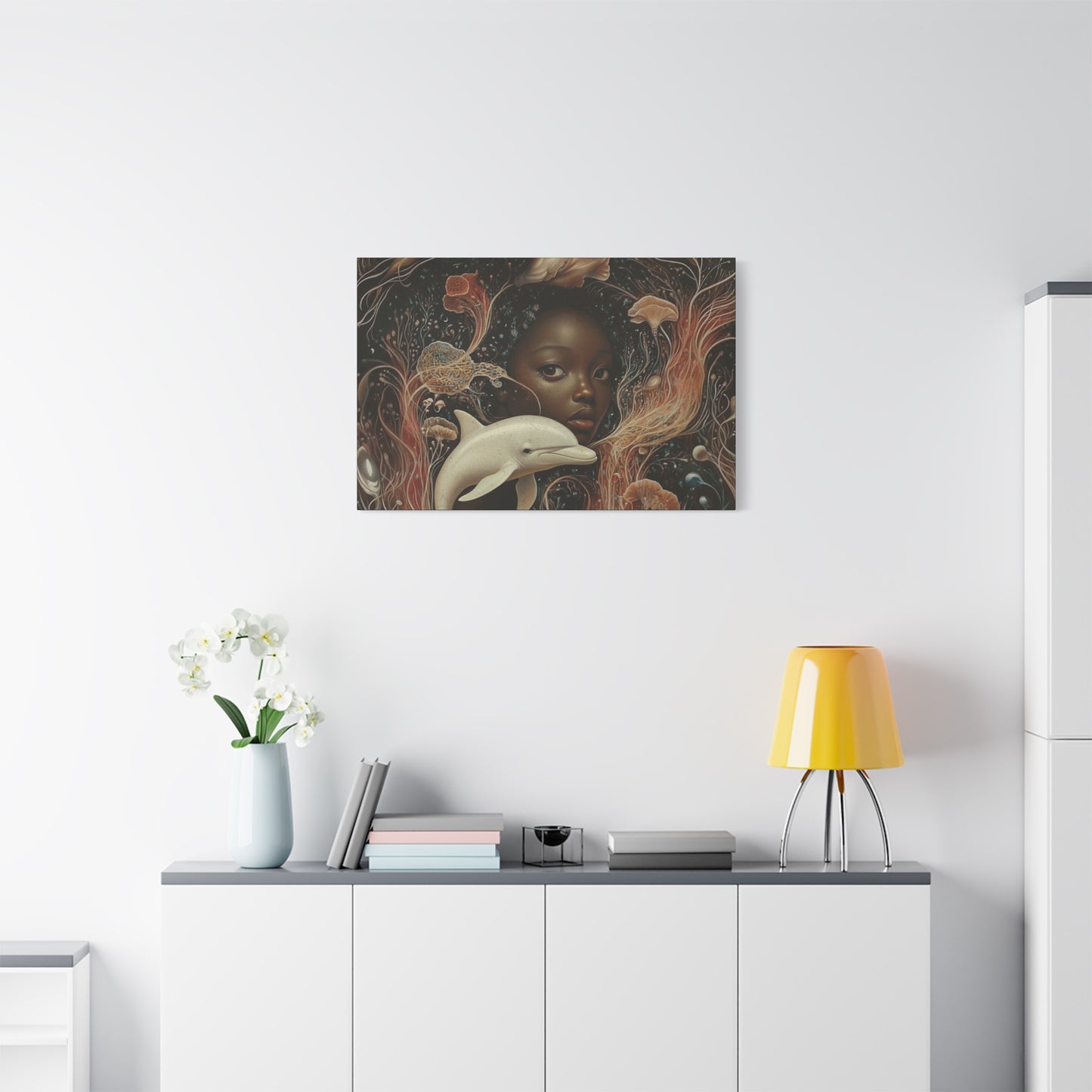 Black Girl and Dolphin Fantasy Art – Mystical Ocean-Themed Canvas Wall Decor