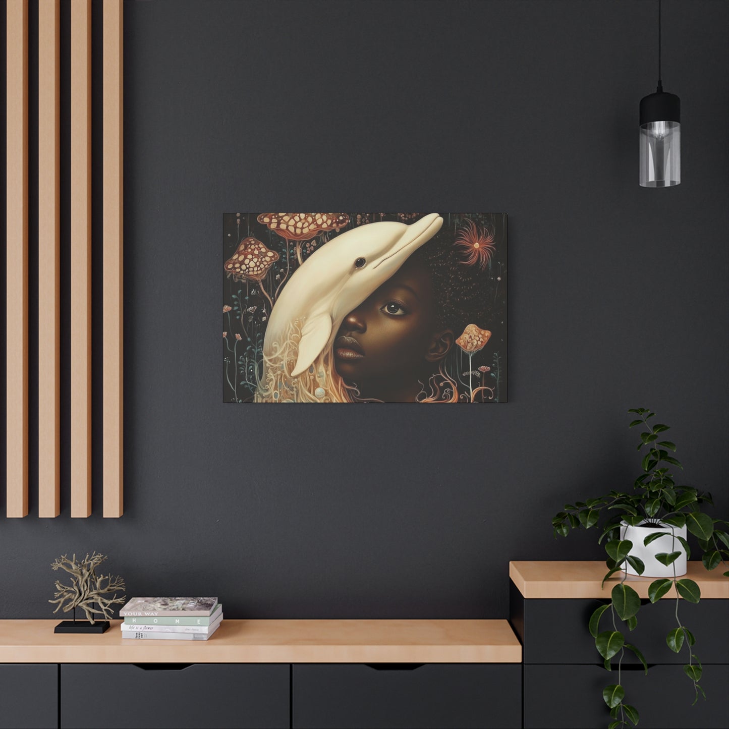 Fantasy Art Print – Black Girl and White Dolphin in Dreamlike Ocean Scene