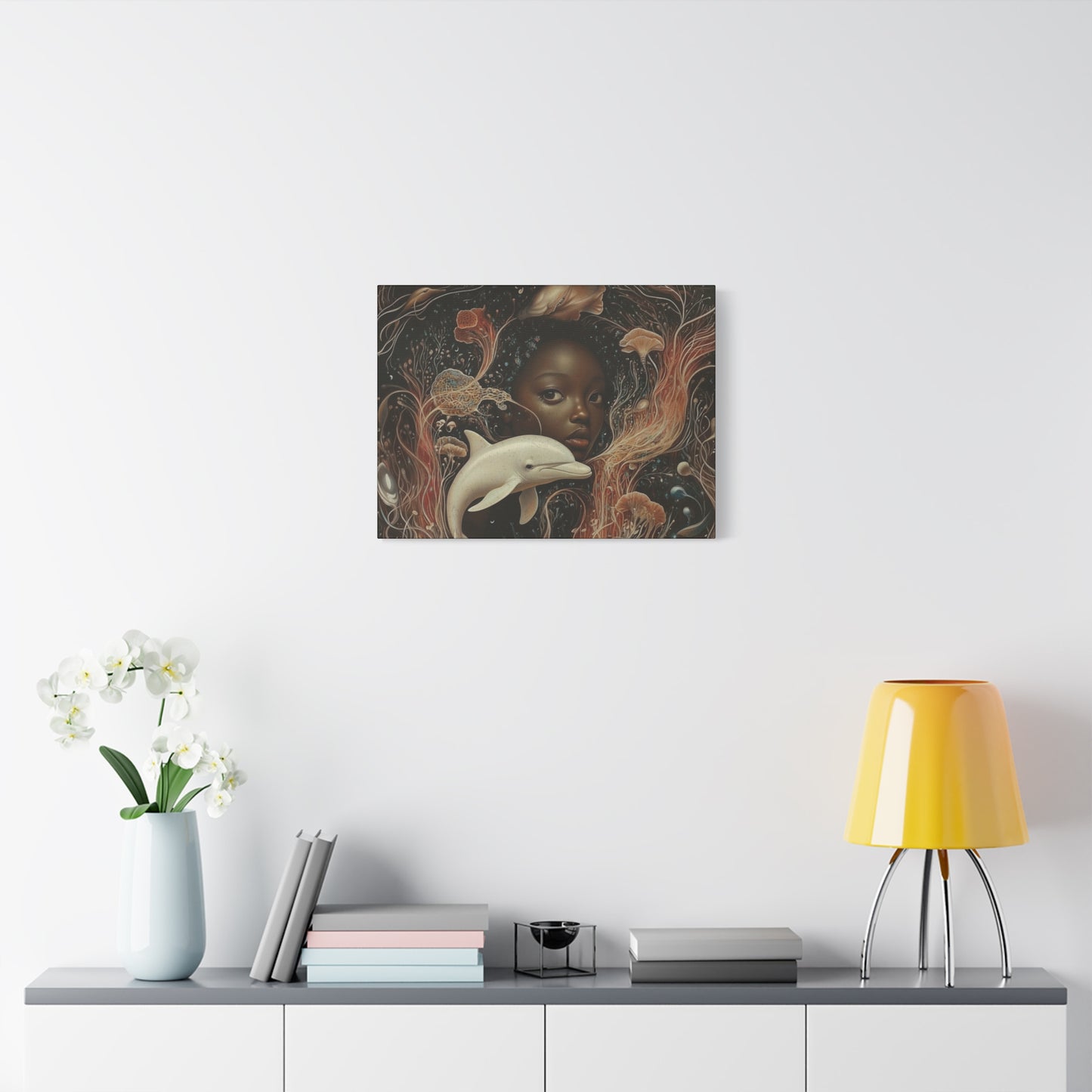 Black Girl and Dolphin Fantasy Art – Mystical Ocean-Themed Canvas Wall Decor