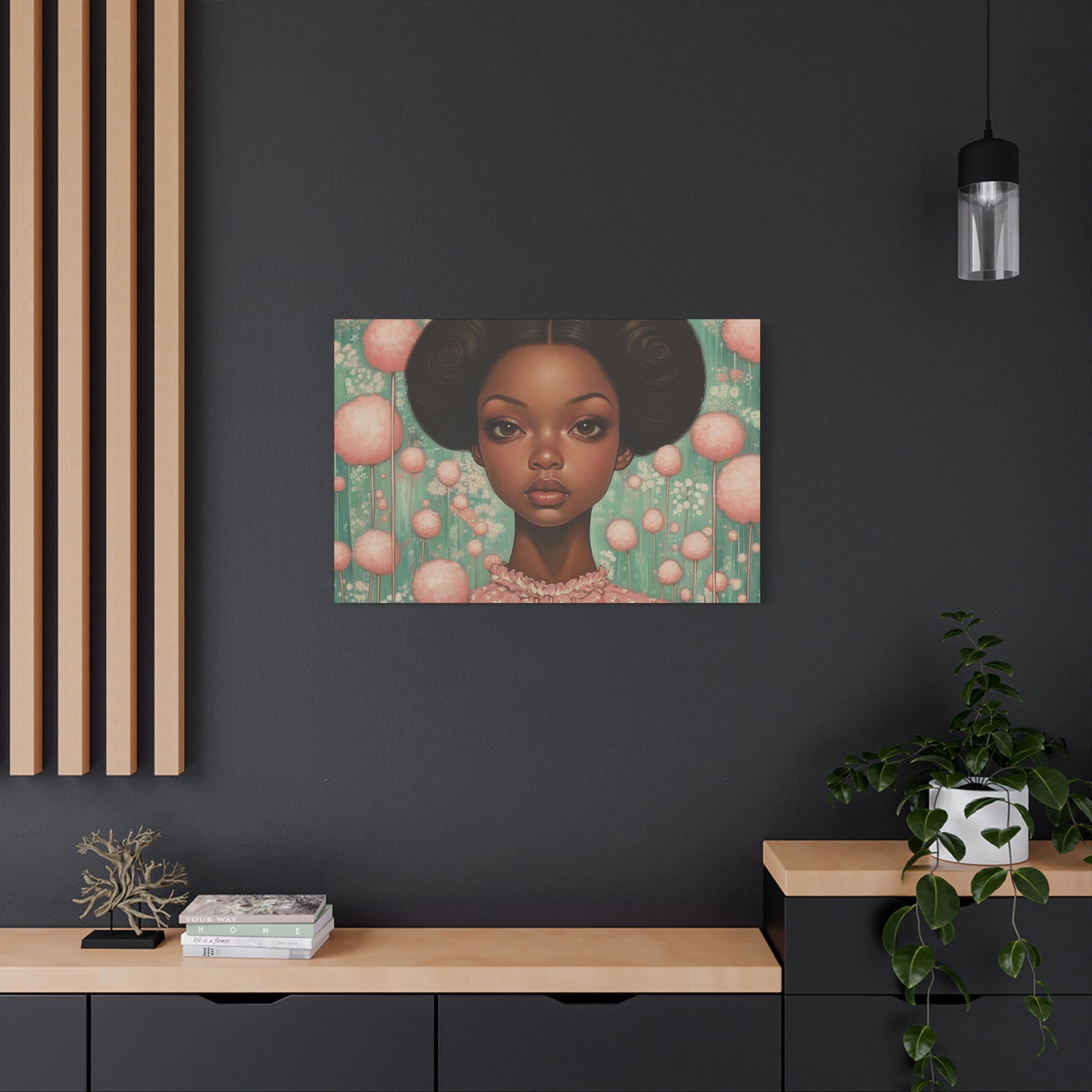 Girl with AfroPuffs Canvas Wall Art for Nursery, Living Room - Pink & Teal
