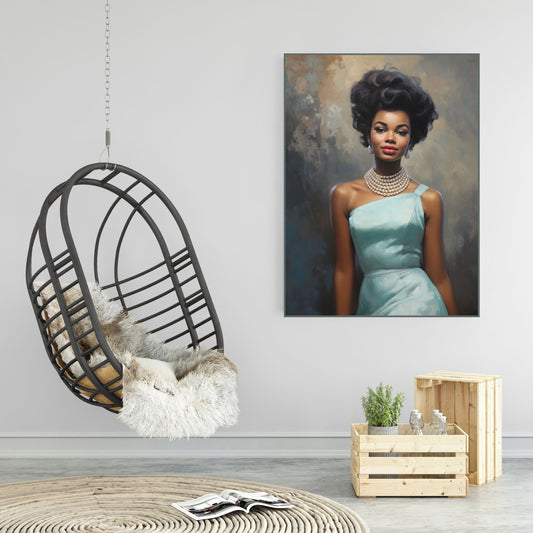 Classic Black Beauty in Light Blue Dress Poster - Retro Glamour