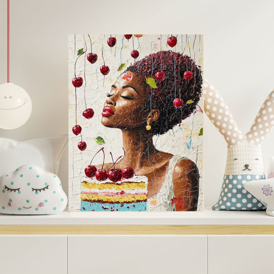 Whimsical Cherry Cake Canvas Art Print –  Joyful Black Woman Portrait