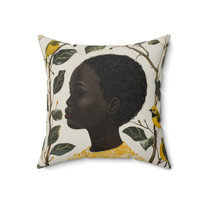 Black Woman, Yellow Bird & Flowers Art | Square Pillow with Zipper | 4 sizes