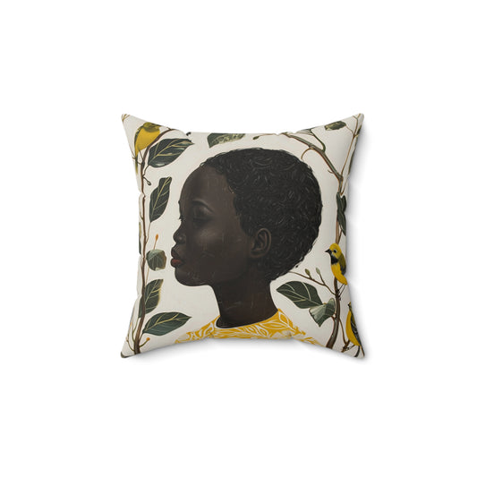 Black Woman, Yellow Bird & Flowers Art | Square Pillow with Zipper | 4 sizes