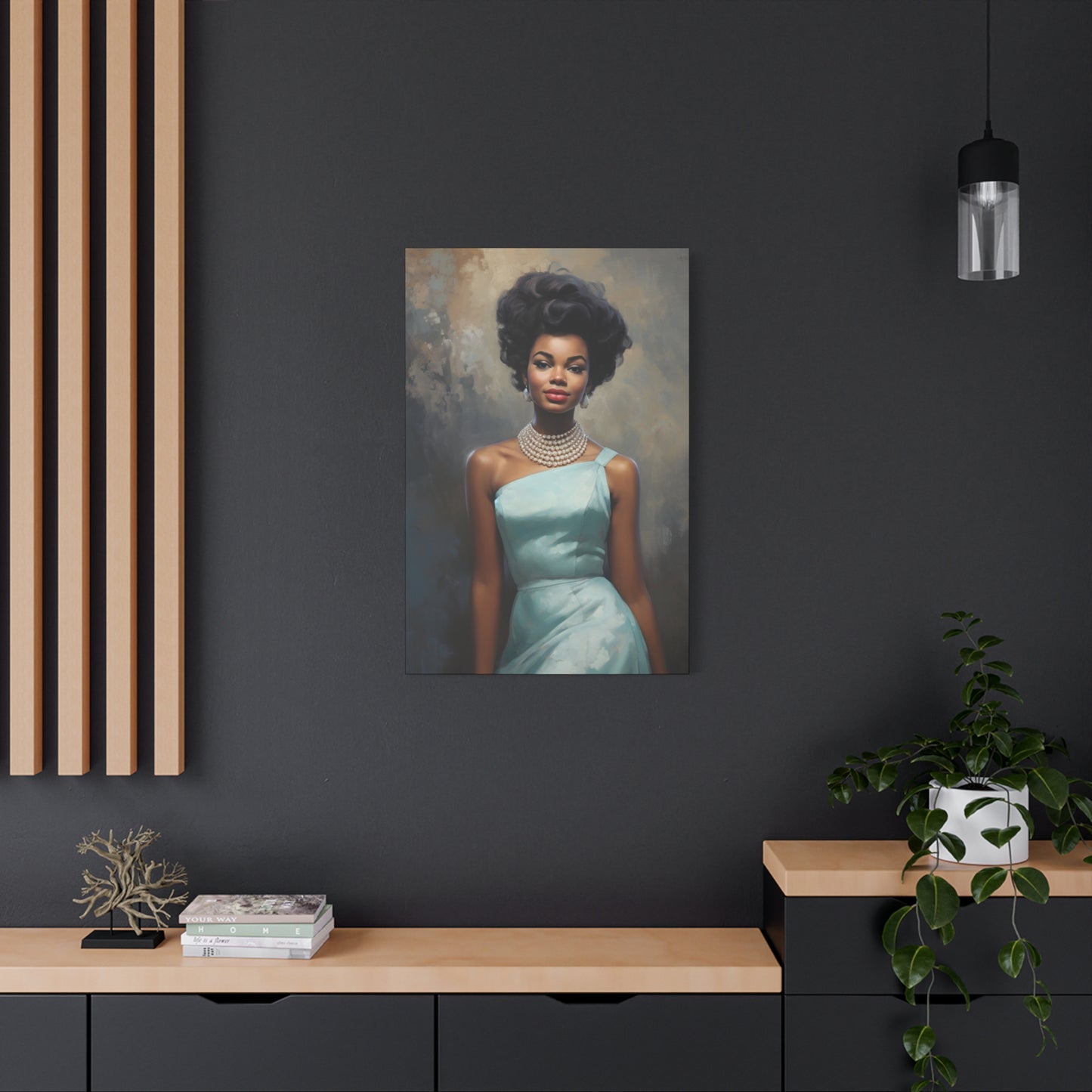 Classic Black Beauty in Light Blue Dress Poster - Retro Glamour
