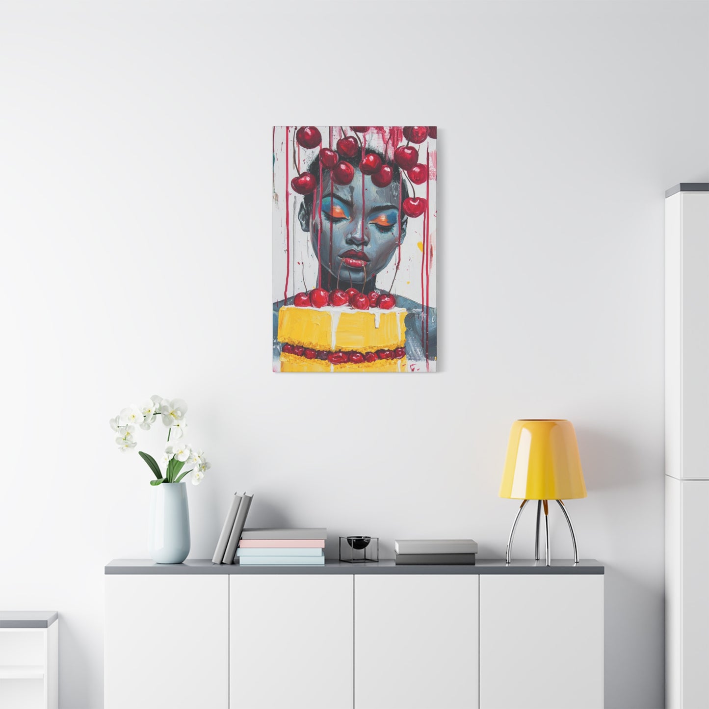Bold & Beautiful Cherry Portrait – Black Woman Holding Cake Wall Art