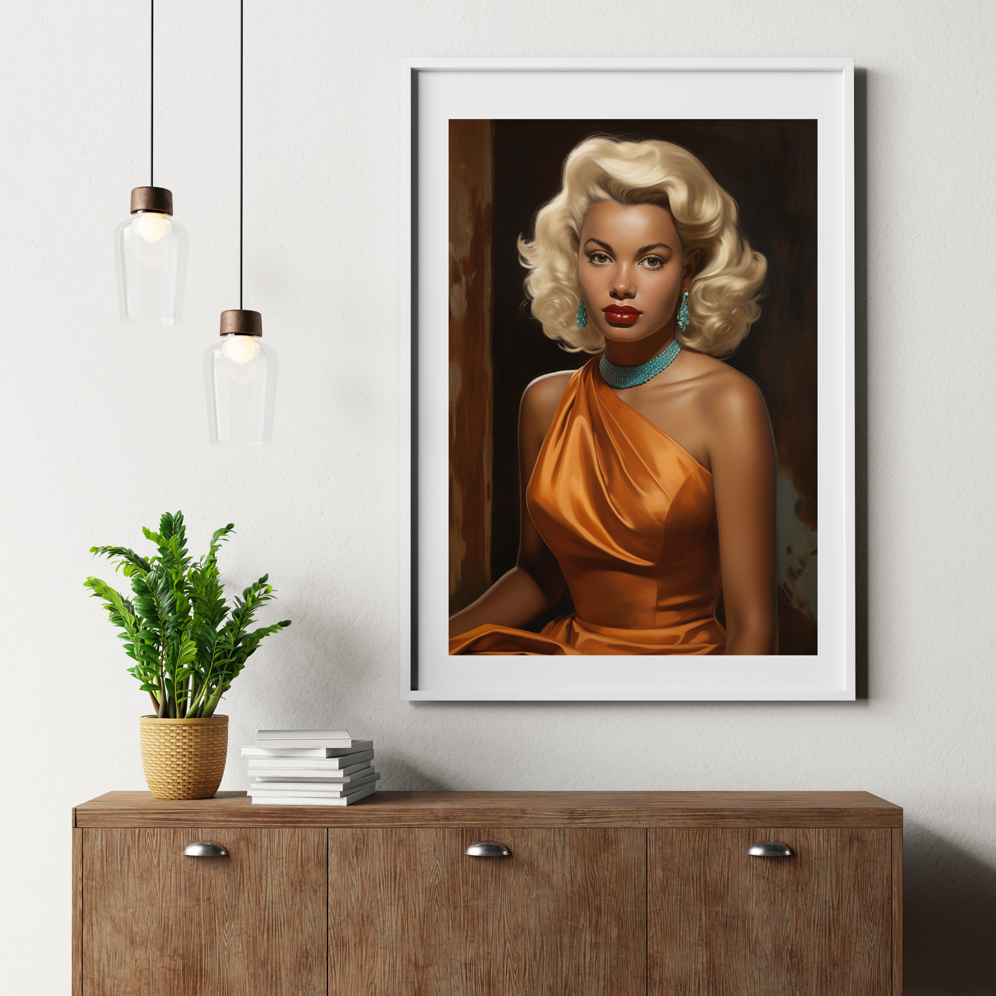 Black Vintage Glamour Poster – Classic Art of Black Woman in Orange Dress