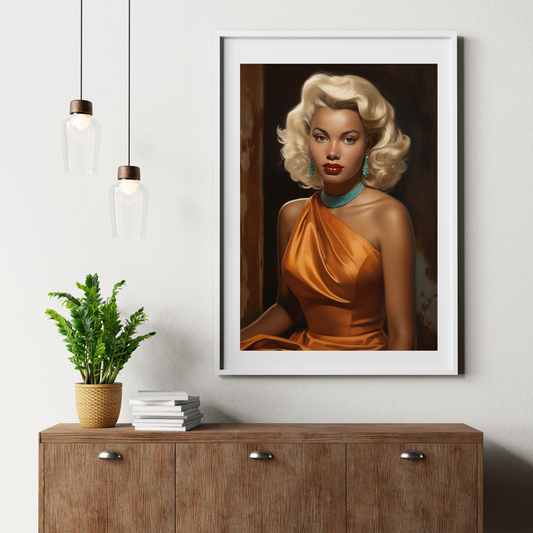 Black Vintage Glamour Poster – Classic Art of Black Woman in Orange Dress