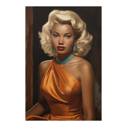 Black Vintage Glamour Poster – Classic Art of Black Woman in Orange Dress