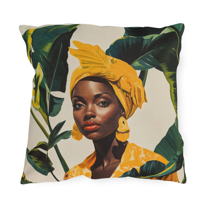 Black Woman in Yellow Headwrap & Dress, Outdoor Pillow, 3 sizes